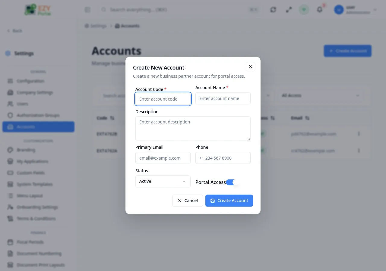 Full account create/edit form showing all fields