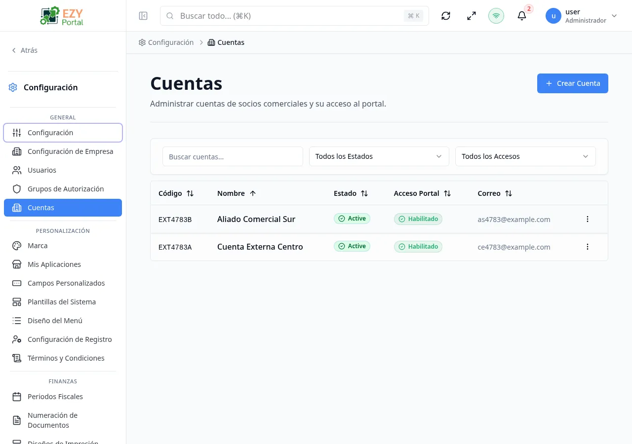 Lista de Cuentas con filas pobladas que muestran código, nombre, tipo de cuenta, estado, acceso al portal, cantidad de usuarios y correo