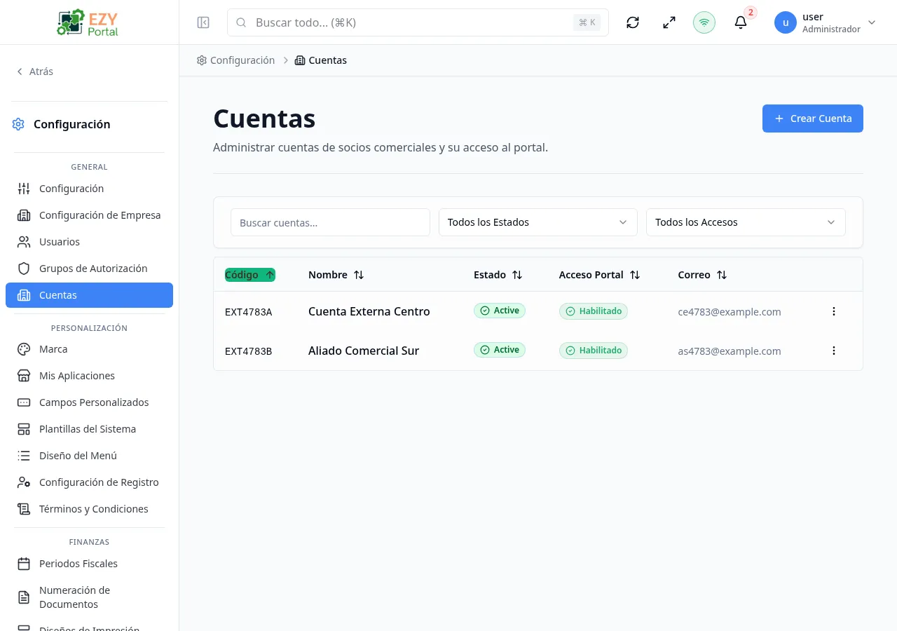 Menú de acciones de fila de Cuentas con opciones Ver Detalles, Ver Usuarios, Invitar Usuario, Editar y Eliminar
