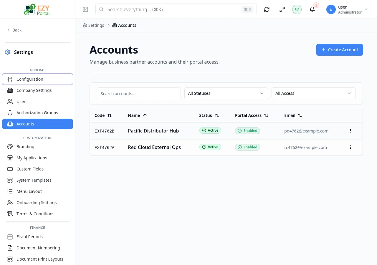 Accounts list with populated rows showing code, name, account type, status, portal access, users count, and email