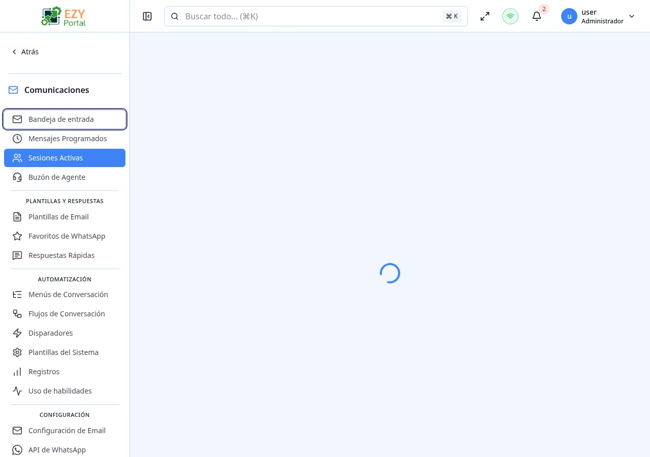 Lista de Sesiones Activas con teléfono, canal, insignia de estado, marca de tiempo de inicio y duración, además de filtros por estado y una acción Liberar en filas WITH_AGENT