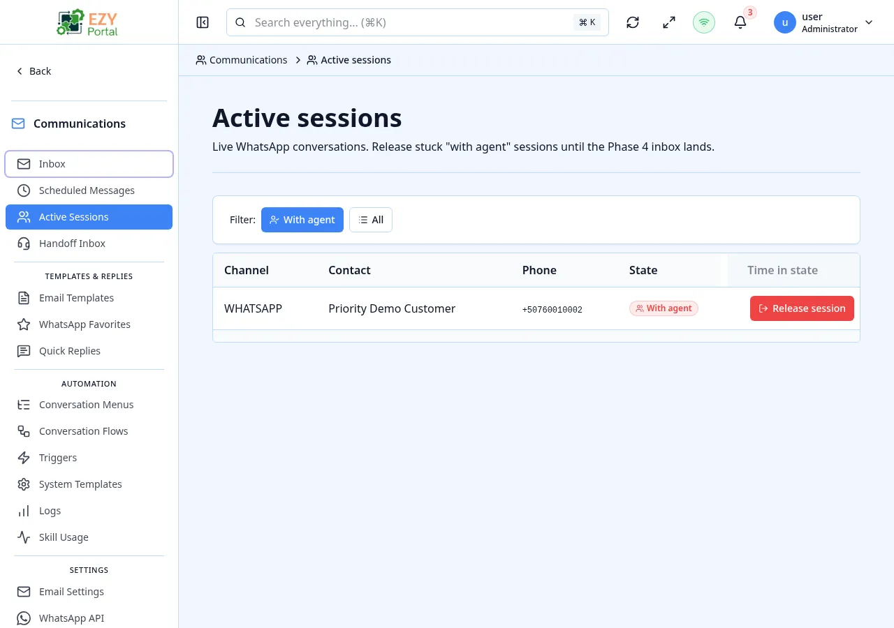 Active Sessions list showing phone, channel, state badge, started timestamp and duration columns, with filter chips for state and a Release action on WITH_AGENT rows