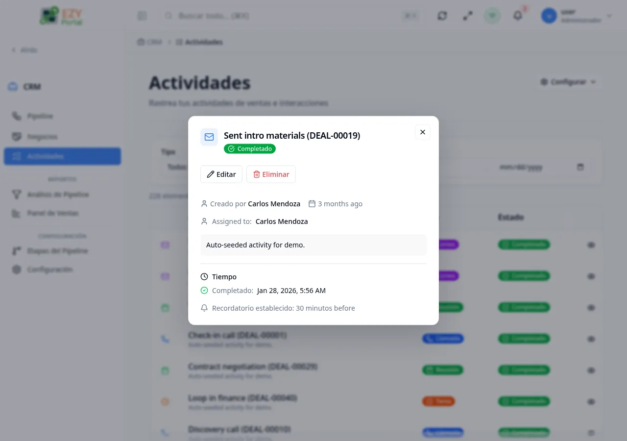 Diálogo de Detalle de Actividad mostrando tipo, asunto, estado, descripción, marcas de tiempo, duración, asignado y creador