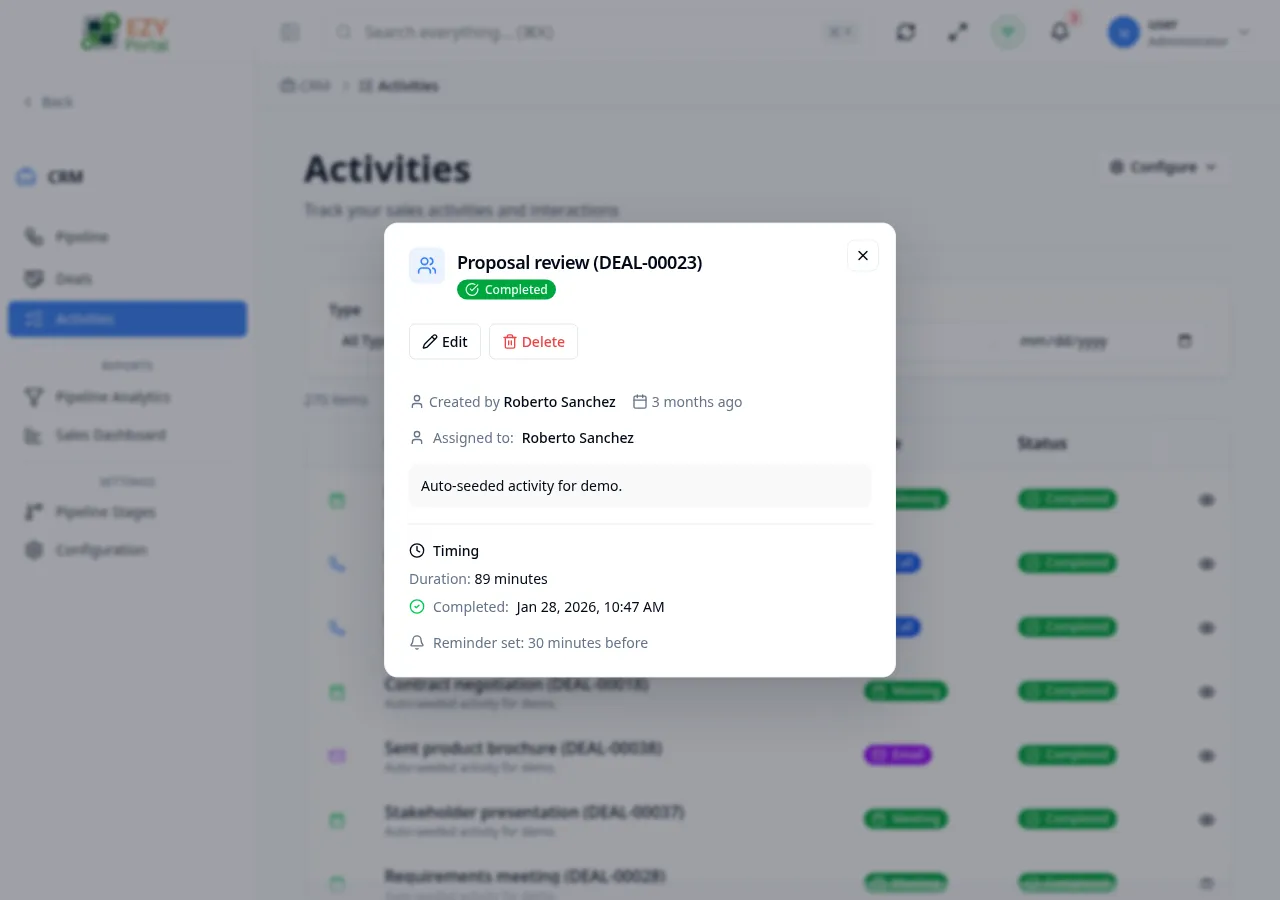Activity Detail dialog showing type, subject, status, description, timestamps, duration, assignee, and creator