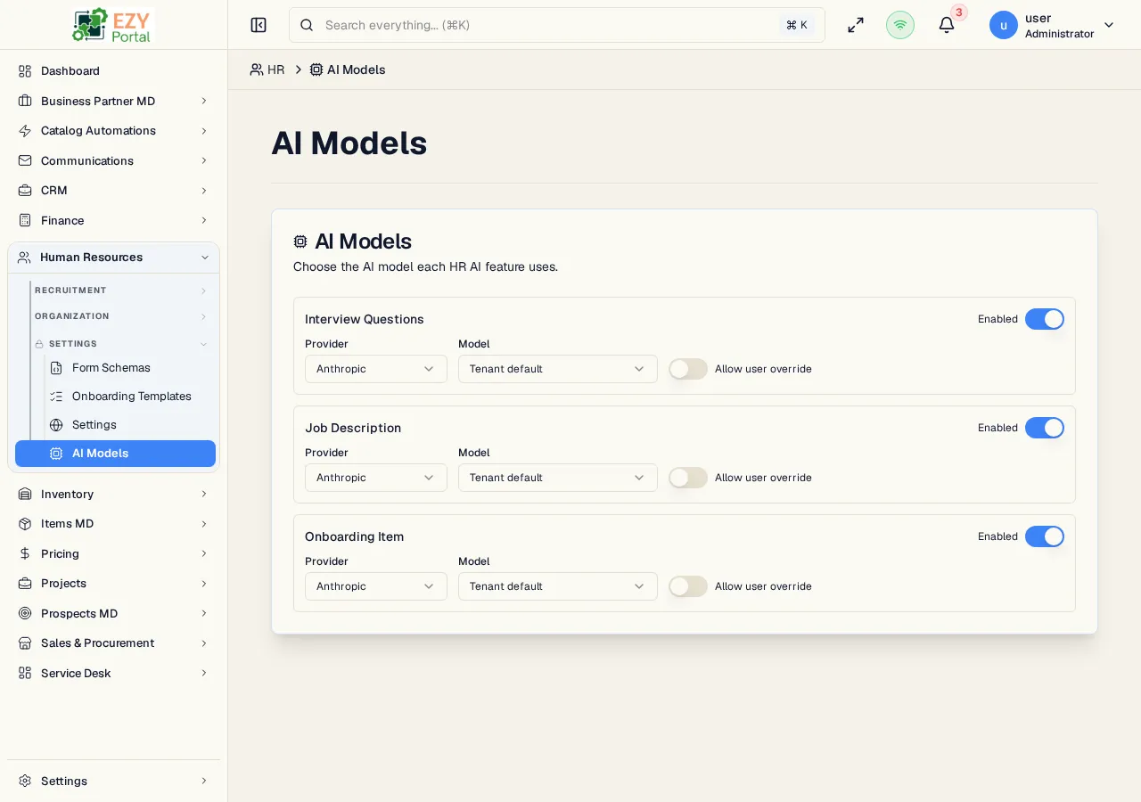 HR AI Model Settings page showing AI operation configuration for the HR module