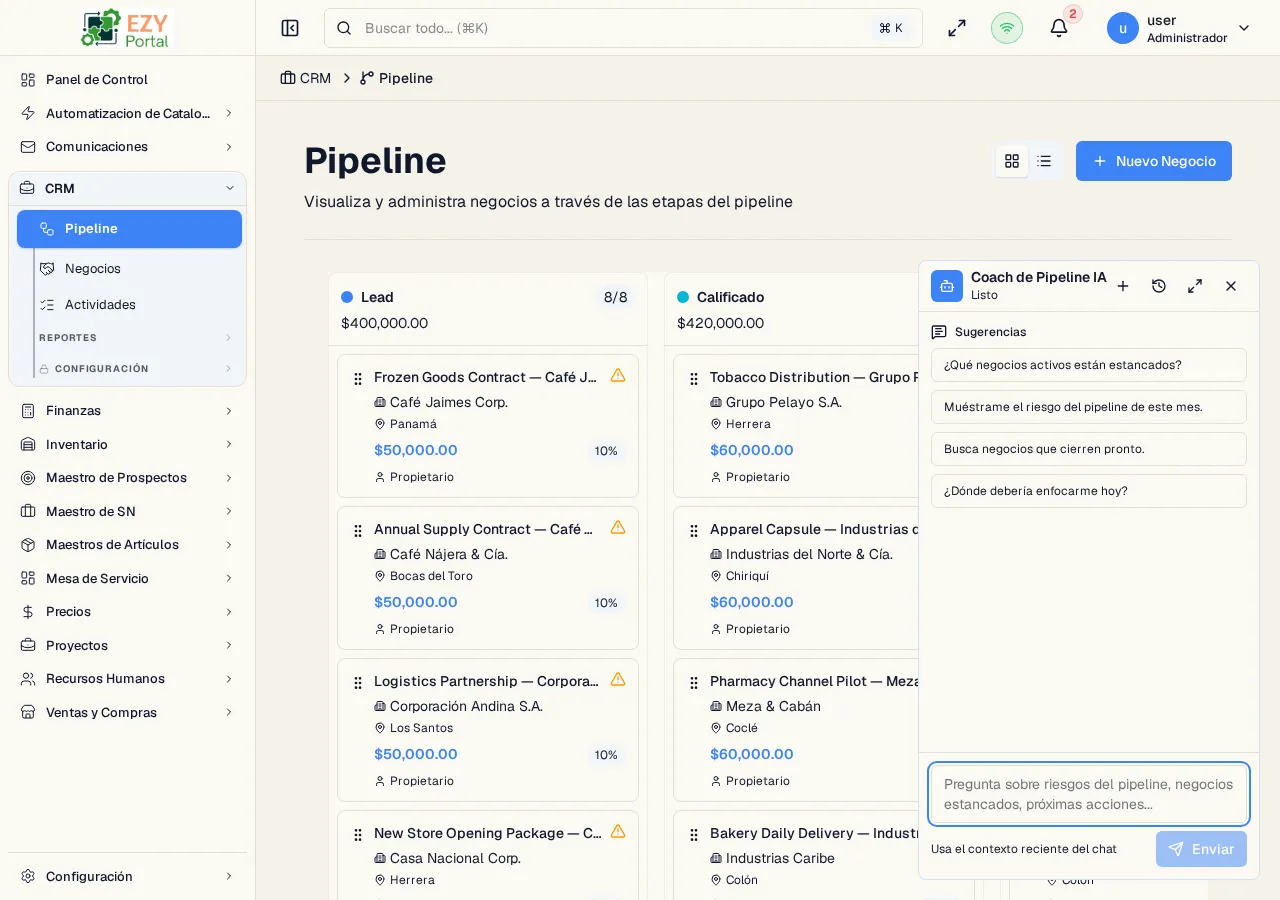 Panel del Coach de Pipeline con IA en CRM