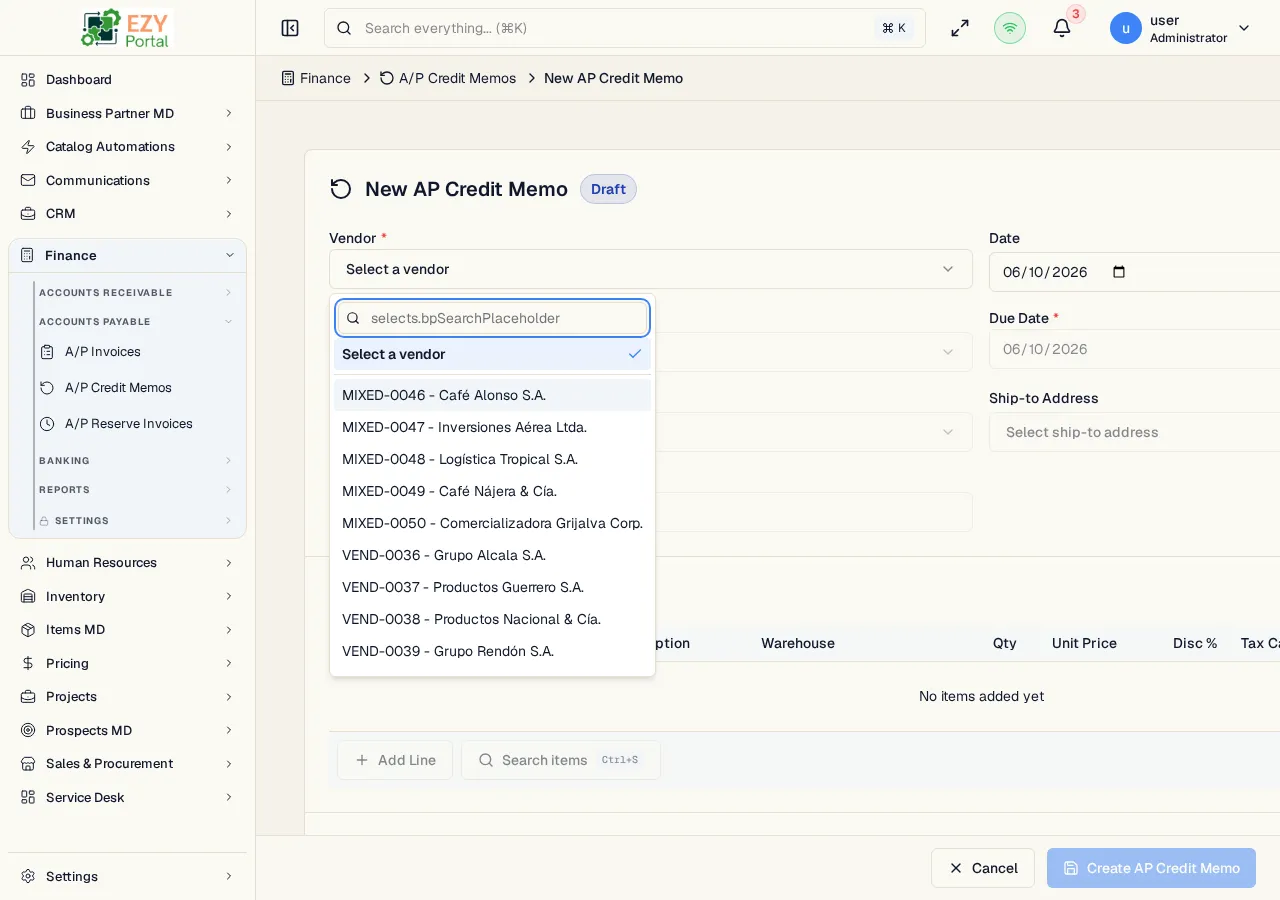 A/P Credit Memo create form with vendor header, source controls, line items, and totals