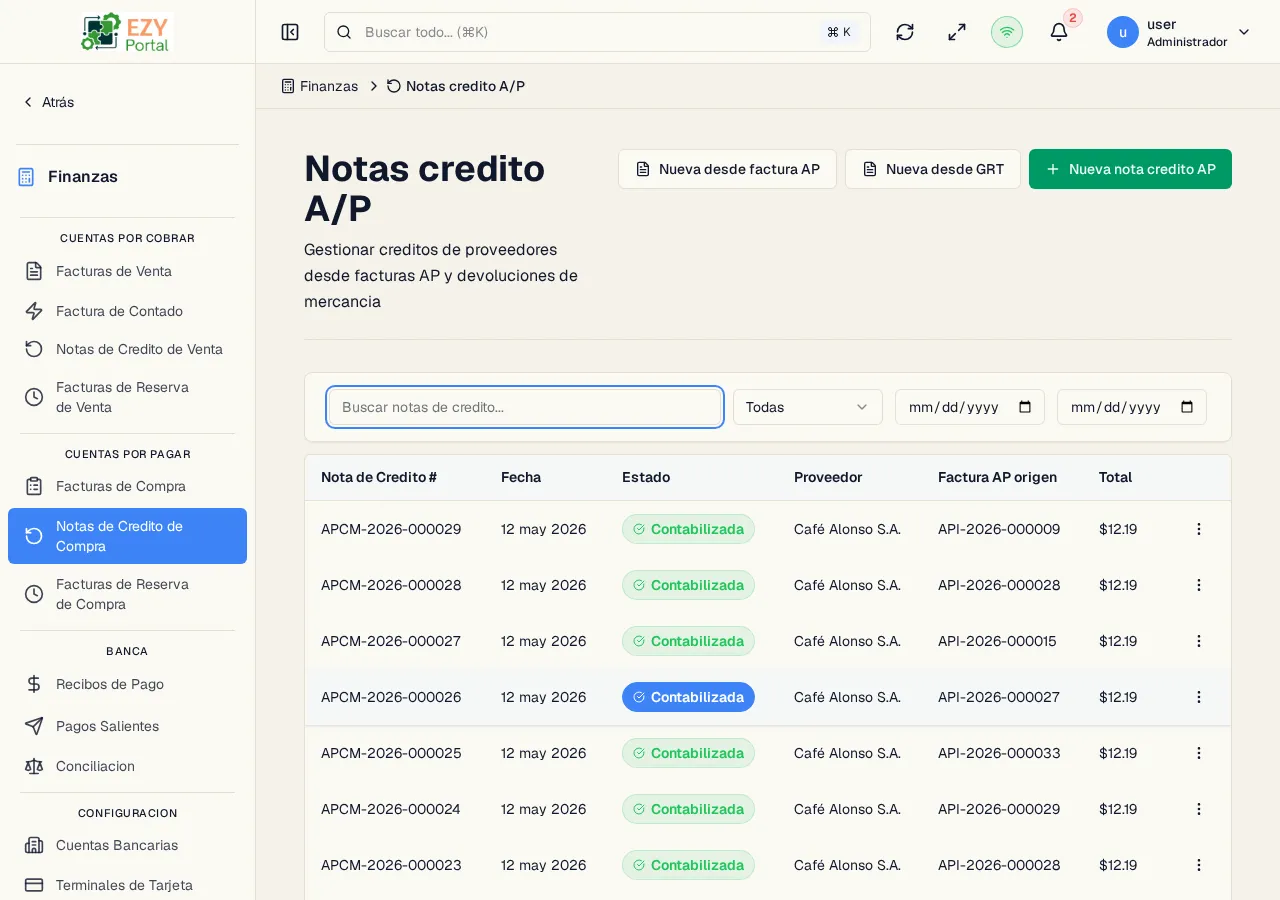 Lista de Notas de Crédito C/P mostrando números de documento, fechas, estados, proveedores, facturas origen y totales