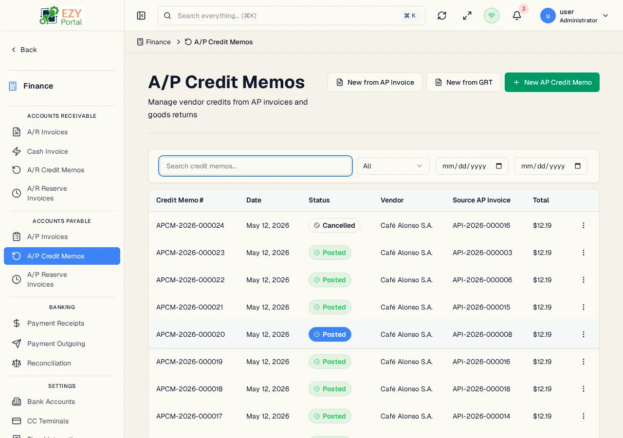 A/P Credit Memos list showing document numbers, dates, statuses, vendors, source invoices, and totals