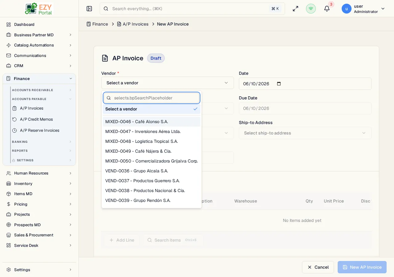 A/P Invoice create form with vendor header, line items, payment terms, price list, and totals