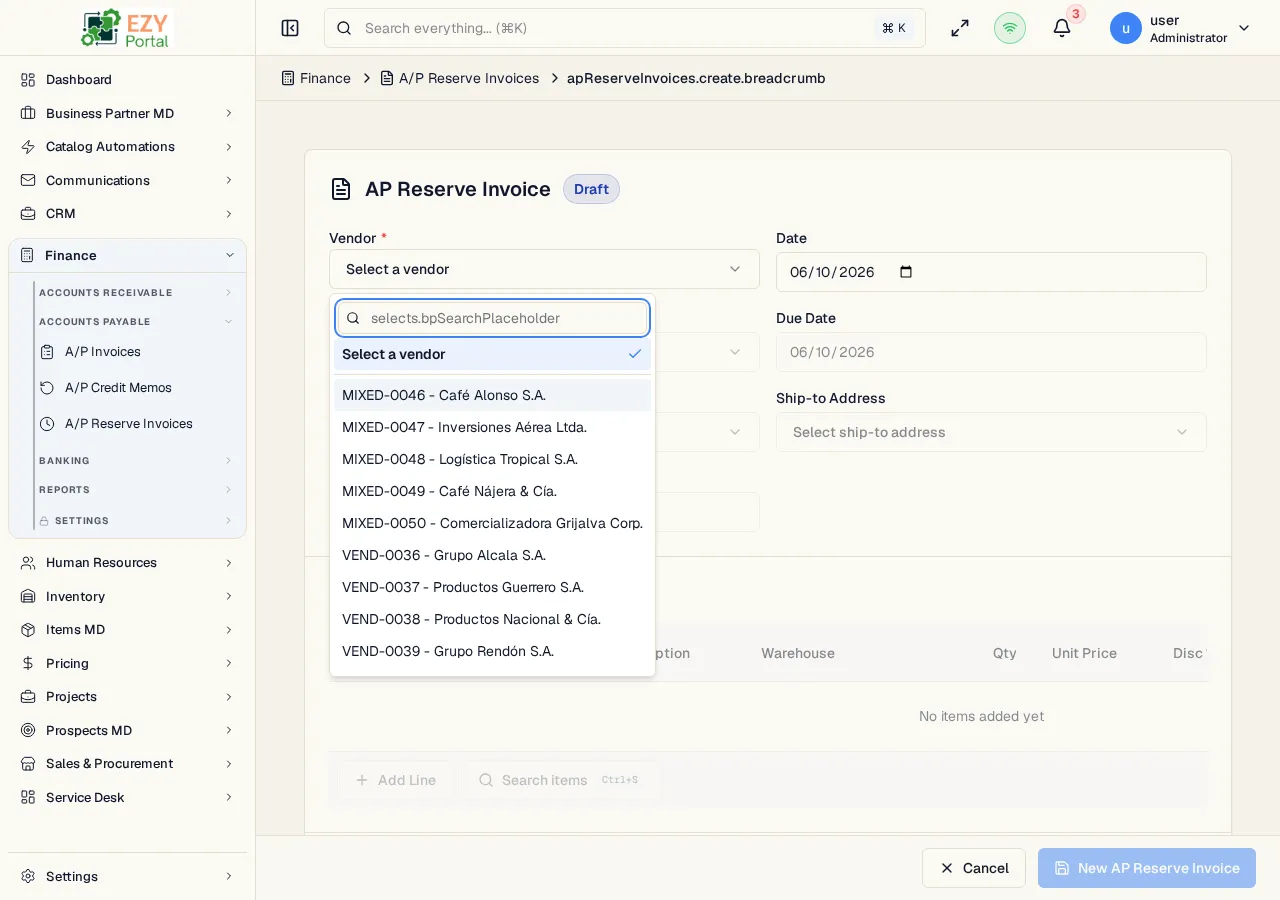 A/P Reserve Invoice create form with vendor details, line items, payment terms, and totals