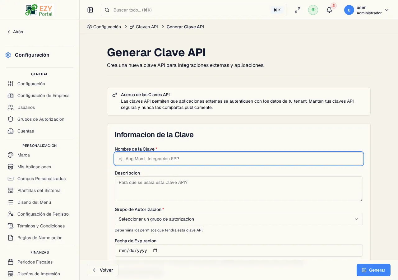 Formulario Generar Clave API con la sección Información de la Clave mostrando los campos Nombre, Descripción, Grupo de Autorización y Fecha de Expiración