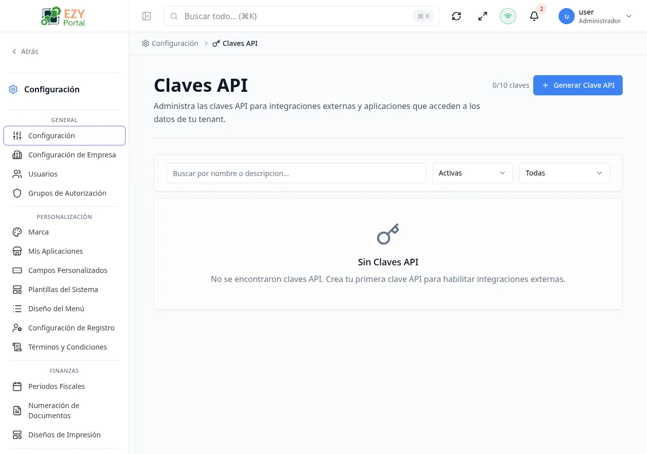 Lista de Claves API mostrando nombres, estados, grupos de autorización, fechas de expiración y marcas de último uso