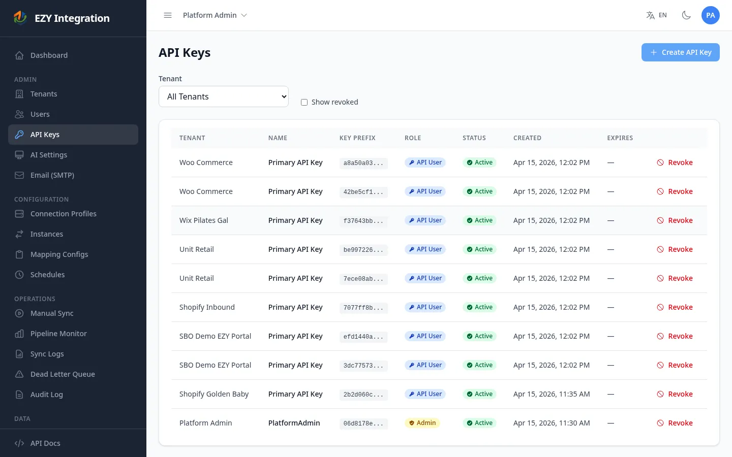 API Keys list