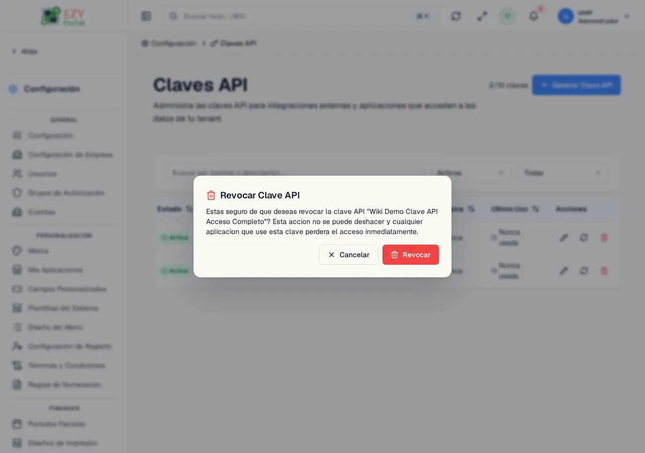 Diálogo de confirmación Revocar Clave API solicitando confirmación antes de bloquear permanentemente la clave