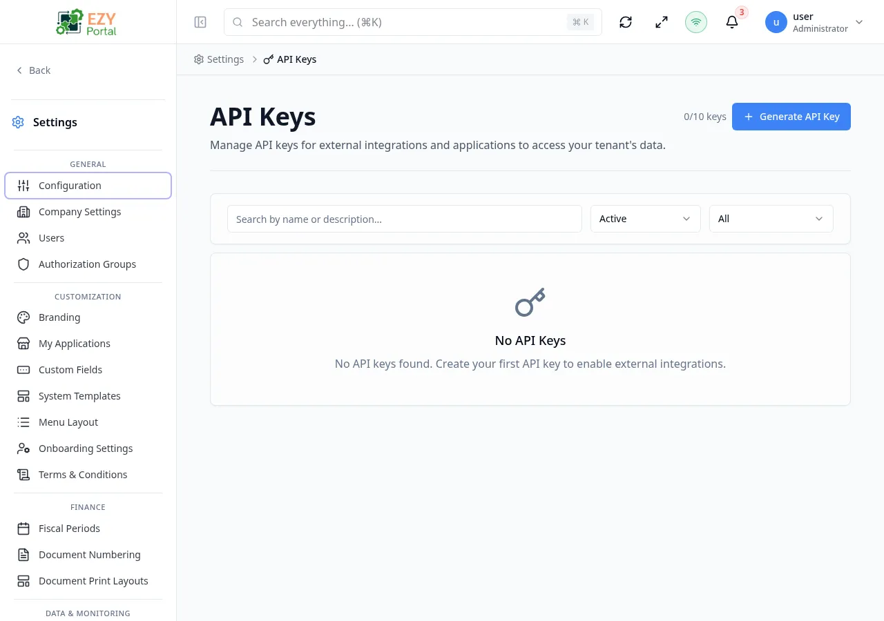 API Keys list showing key names, status badges, authorization groups, expiration dates, and last-used timestamps