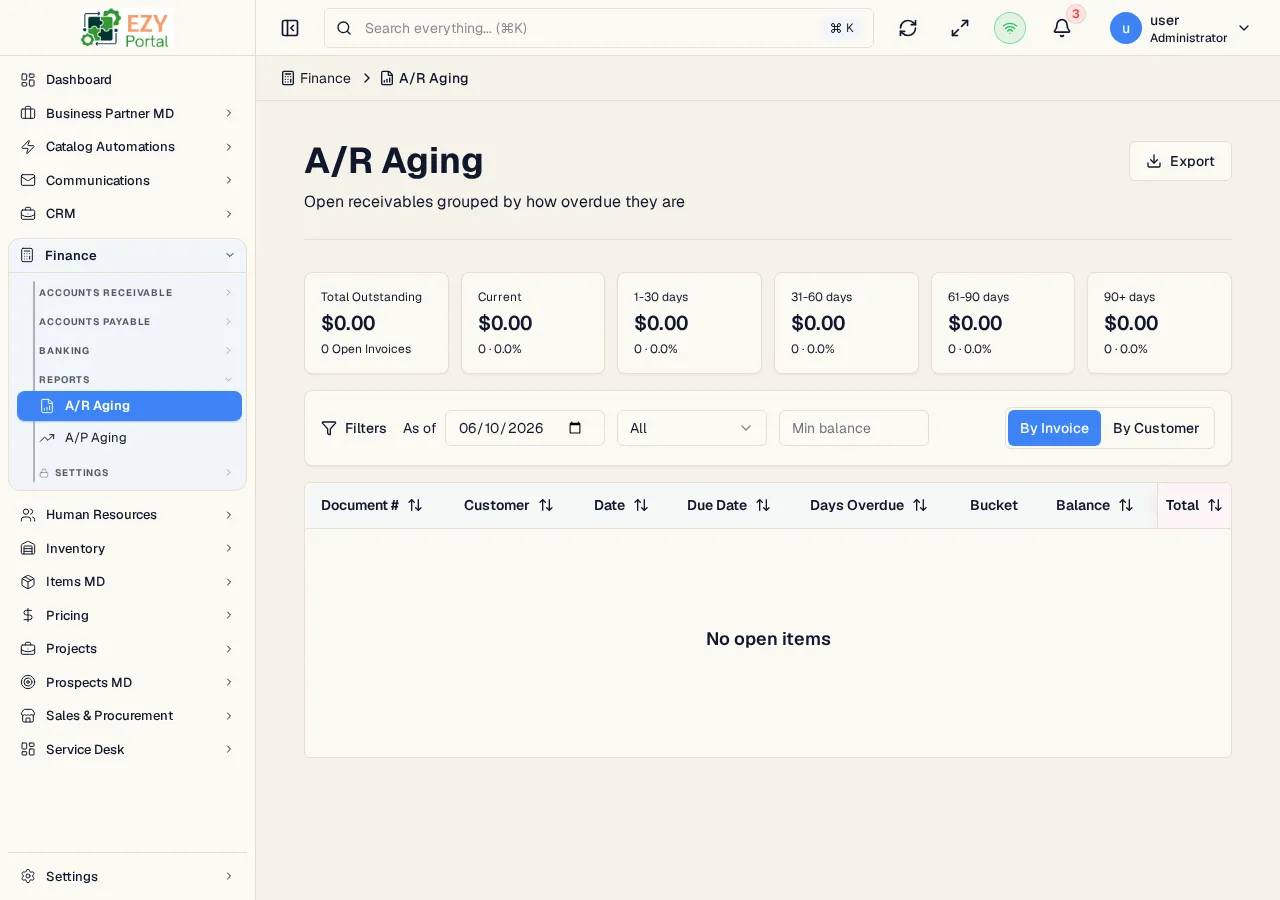 A/R Aging report showing aging summary cards, filters, view toggle, and invoice aging columns