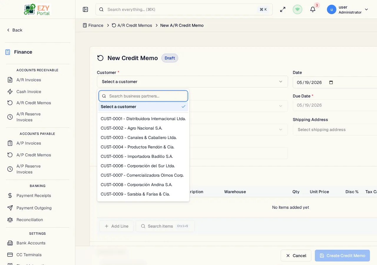A/R Credit Memo edit form pre-filled with existing data showing source invoice reference and line items