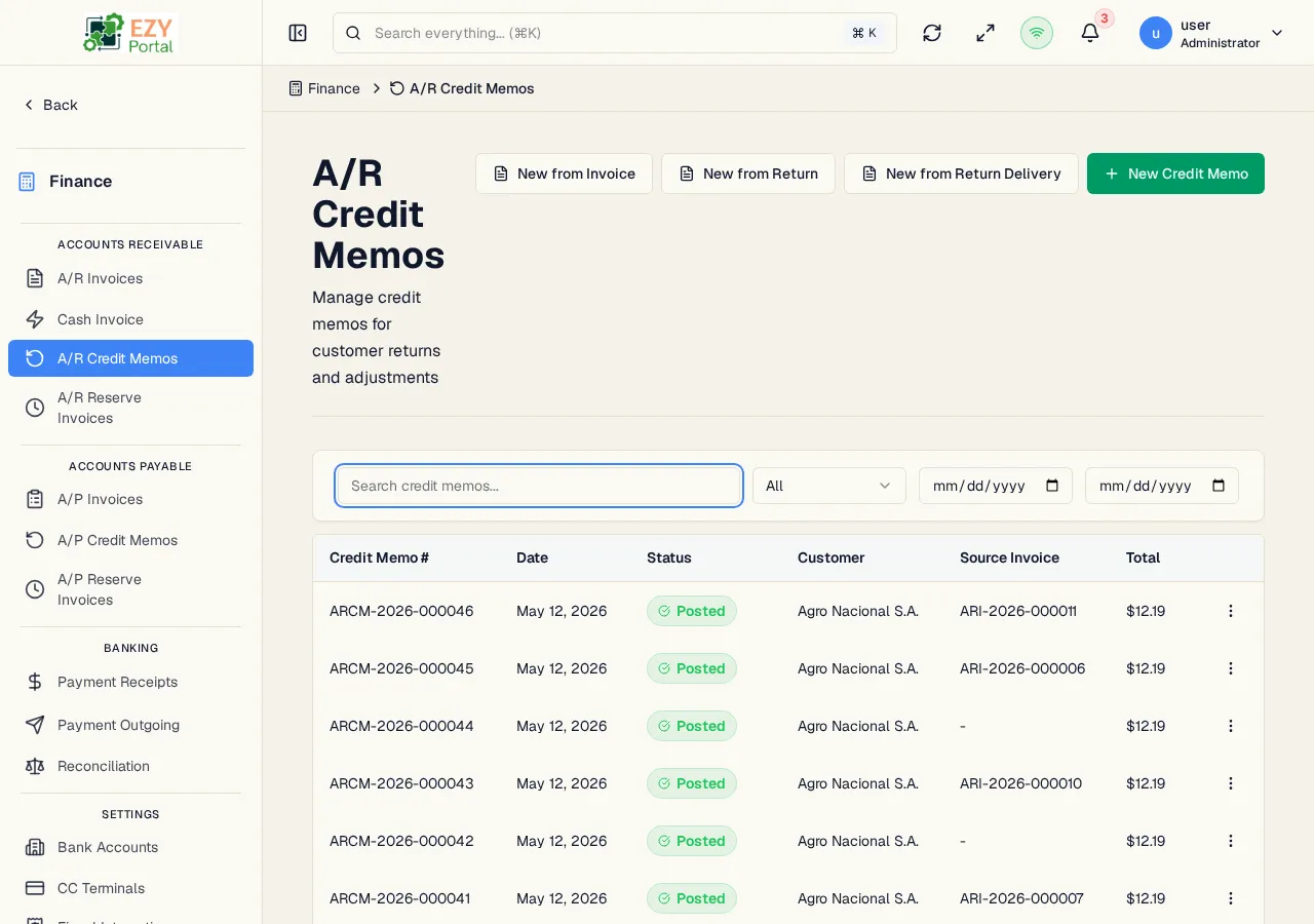 A/R Credit Memos list showing document numbers, dates, statuses, customers, source invoices, and totals