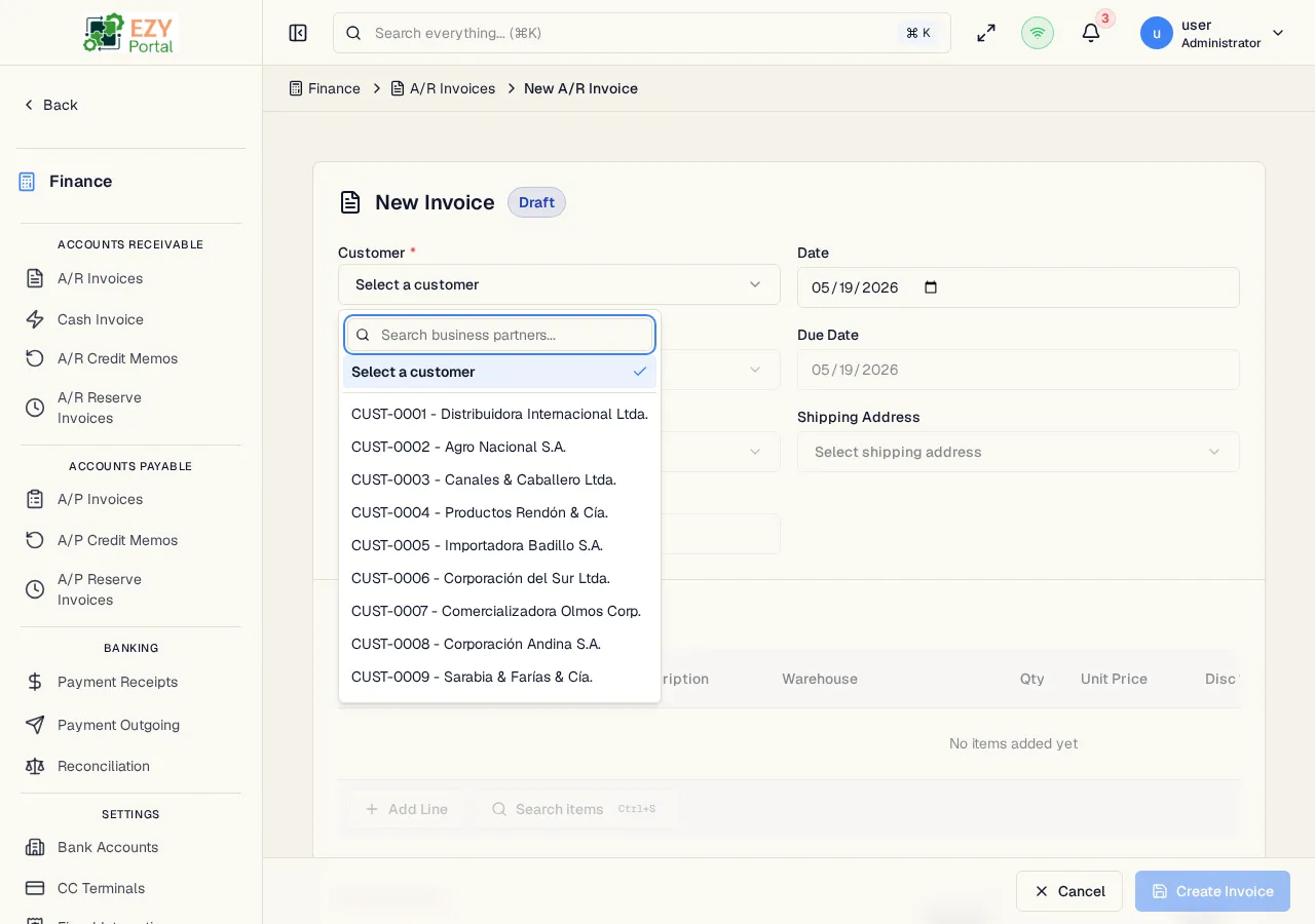 A/R Invoice edit form pre-filled with existing document data including customer and line items