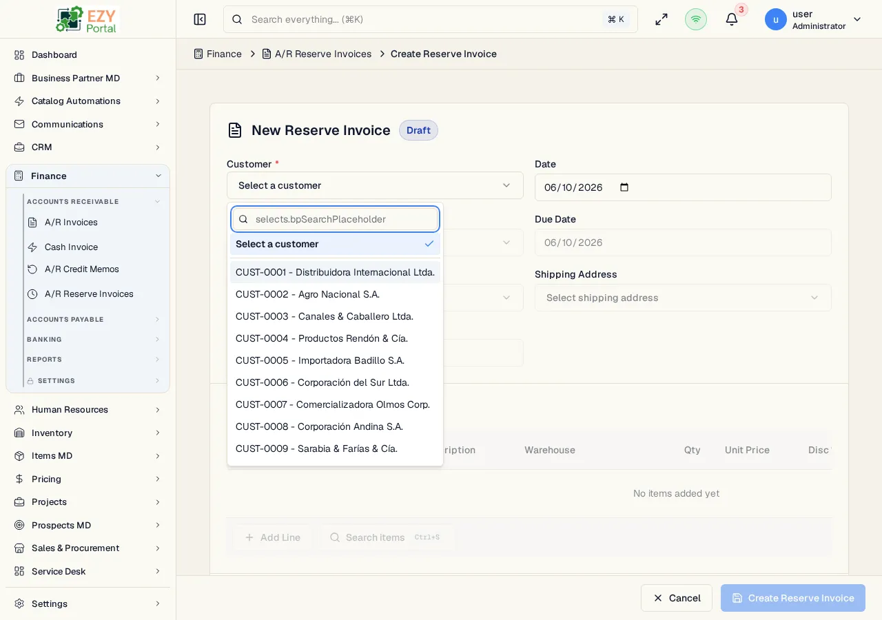A/R Reserve Invoice create form with customer, credit banner, line items, payment terms, price list, and totals