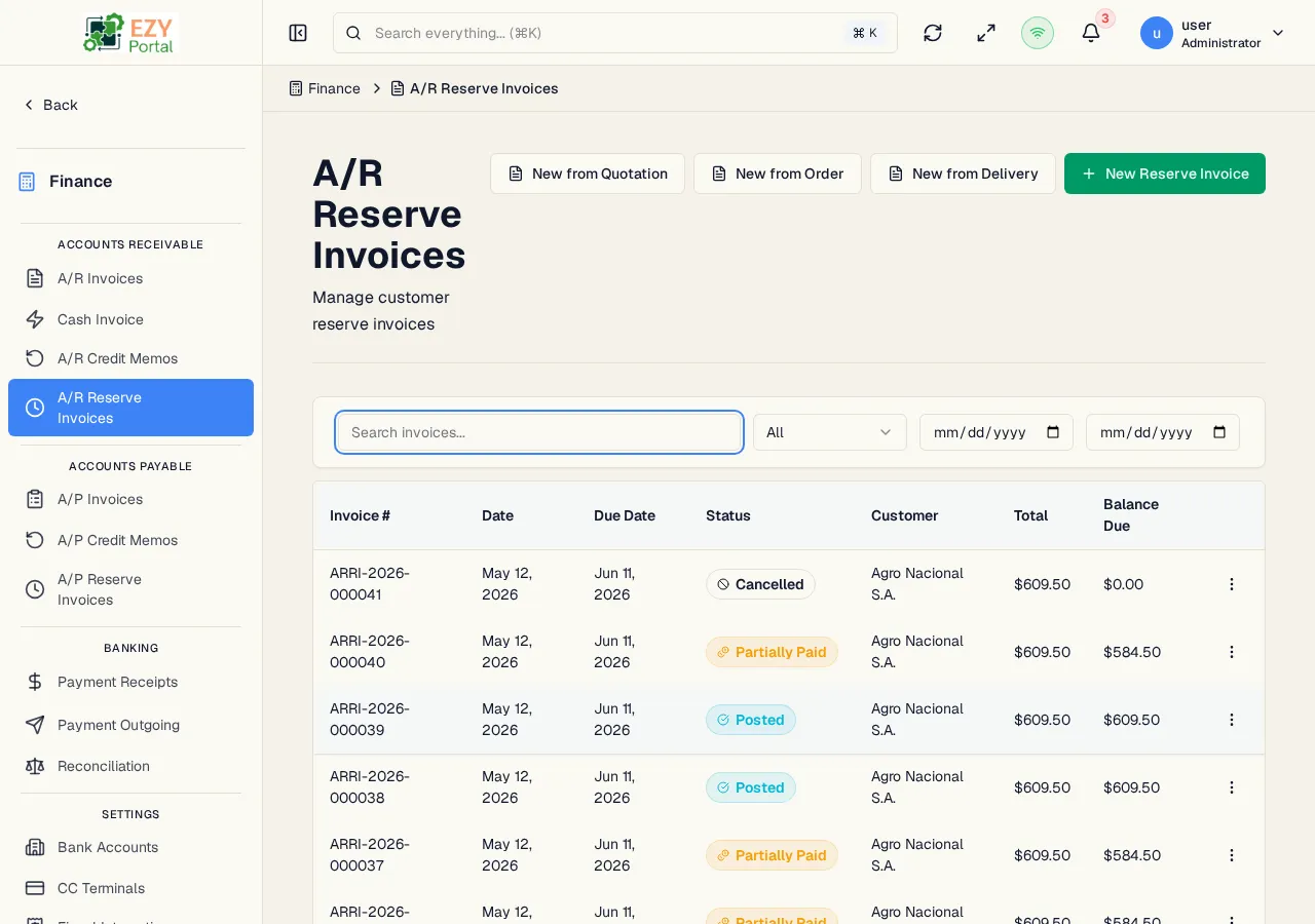 A/R Reserve Invoices list showing document numbers, dates, statuses, customers, and balances