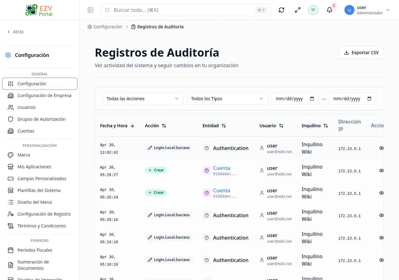 Página de lista de Registros de Auditoría con filas pobladas mostrando columnas de fecha y hora, insignia de acción, entidad, usuario y dirección IP