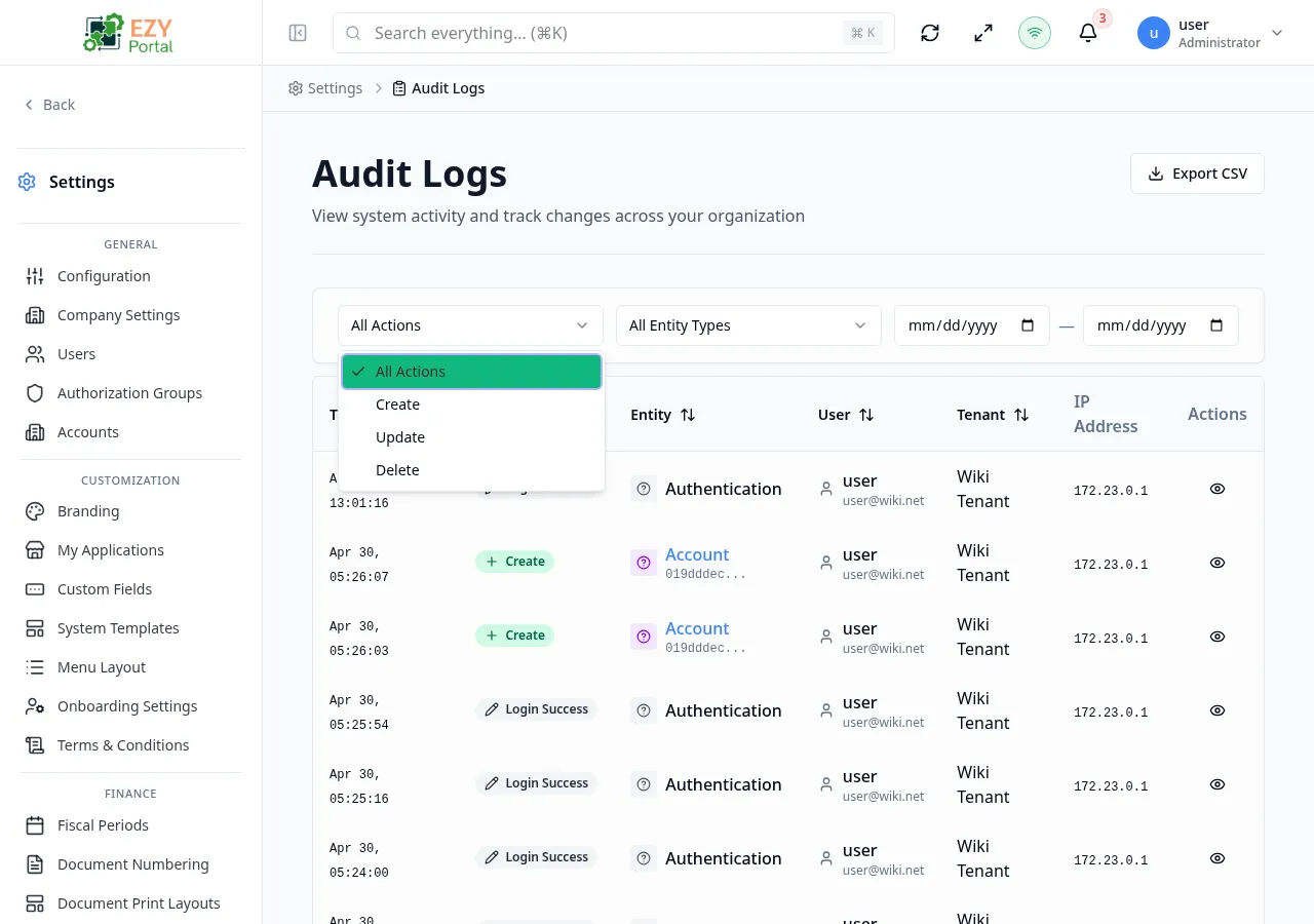 Audit Logs row actions showing the View icon button on each row