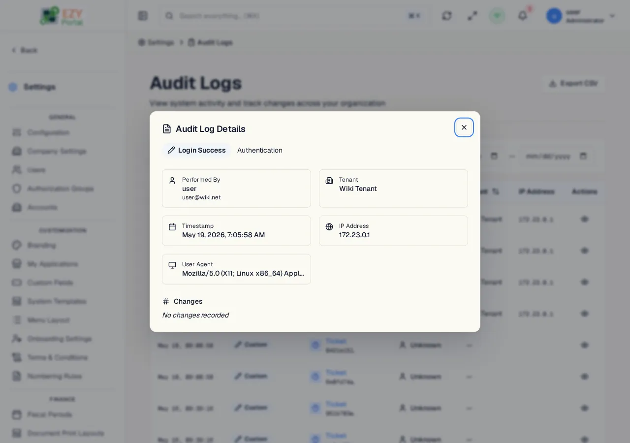 Audit Log detail dialog showing action badge, entity info, actor, tenant, timestamp, IP address, and field-level changes diff