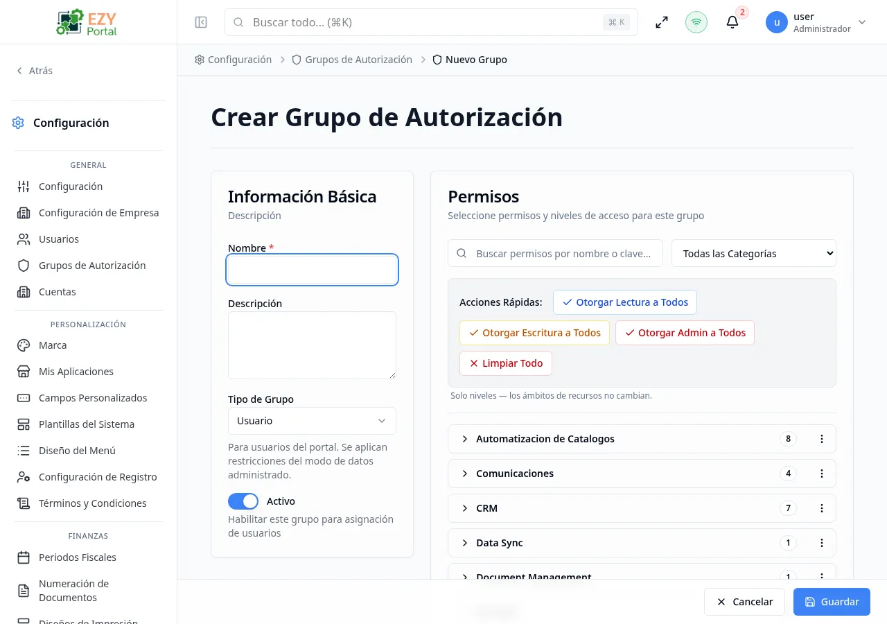 Diálogo Crear Grupo de Autorización con campos Nombre, Descripción, Tipo de Grupo y Activo