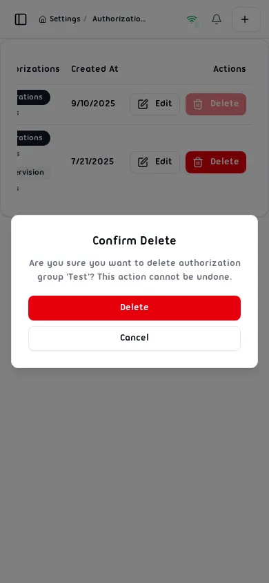 Delete confirmation dialog asking to confirm removal of the selected group