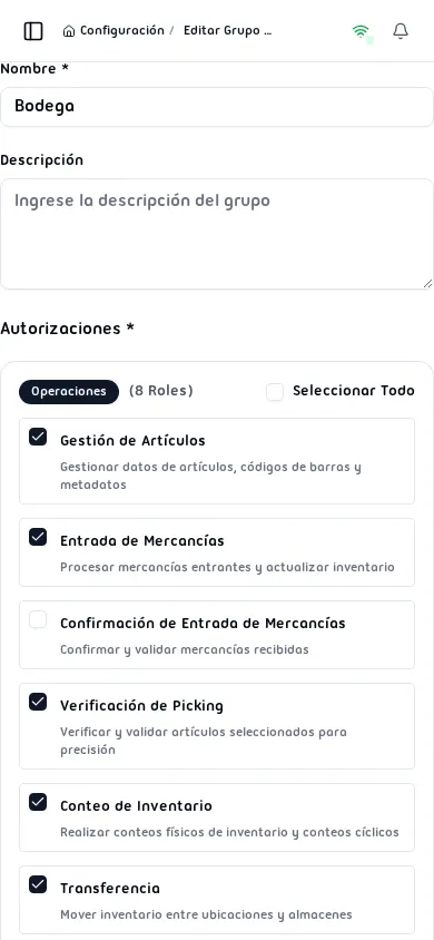 Formulario de Edición con los roles del grupo existente preseleccionados
