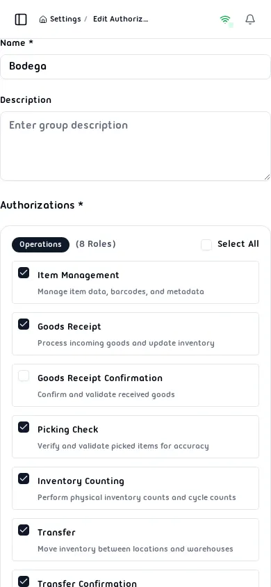 Edit Authorization Group form with an existing group's roles pre-selected