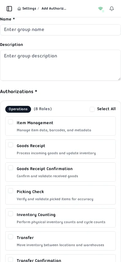 Add Authorization Group form showing Name, Description, and role checkboxes grouped by category