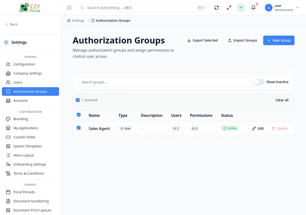 Authorization Groups row actions showing Edit and Delete options