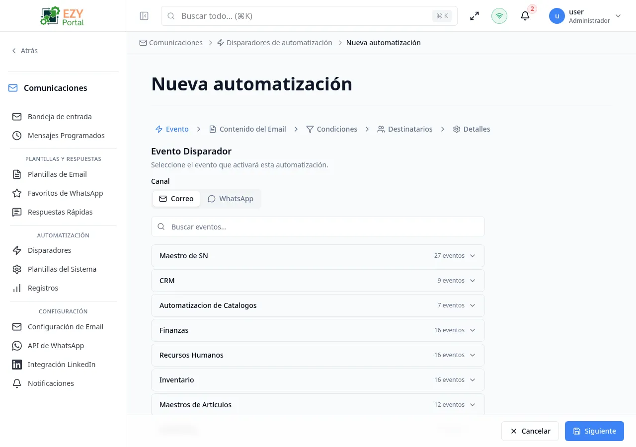 Asistente de creación de disparador mostrando el Paso 1 (selección de Evento Disparador)
