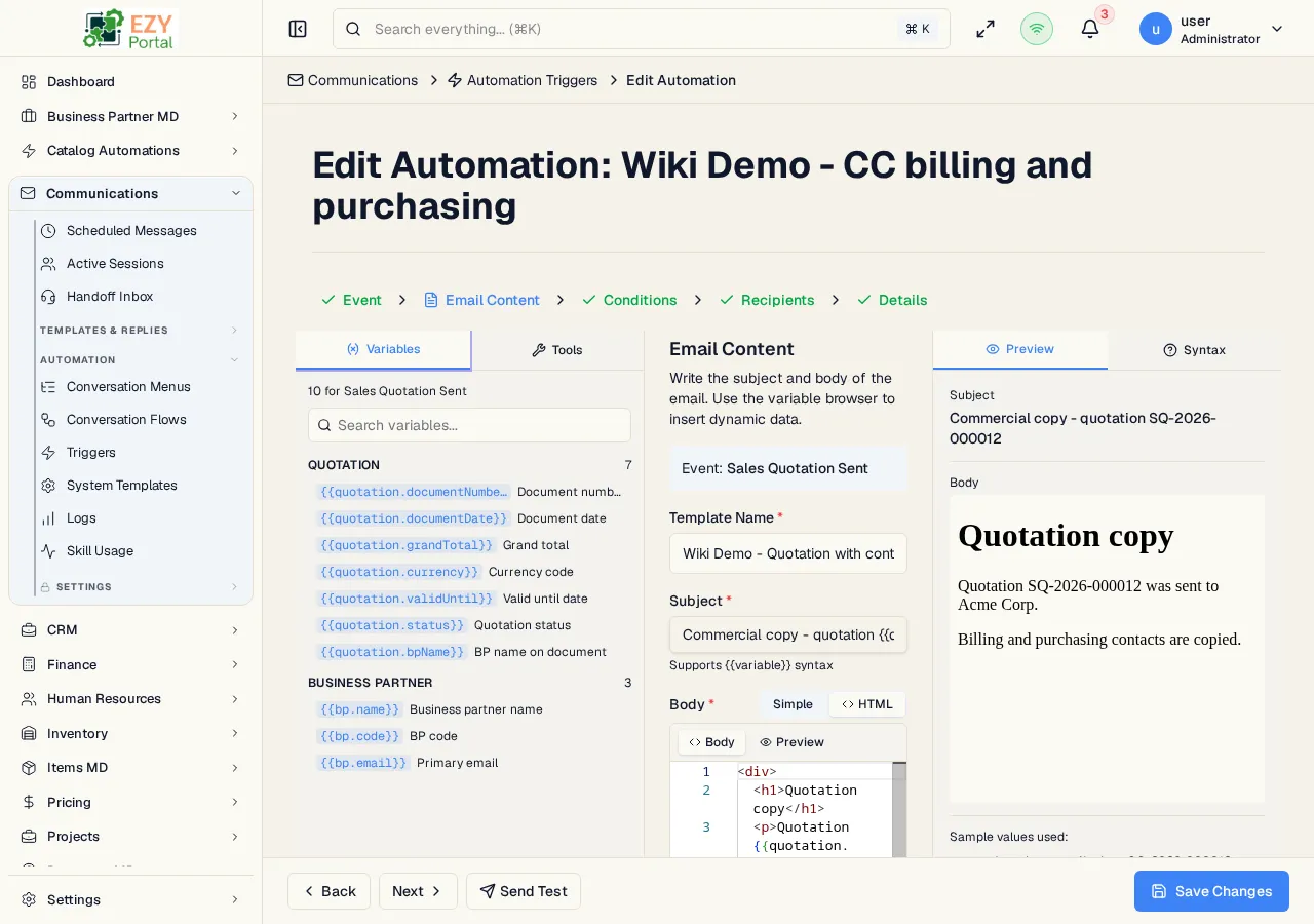 Trigger edit form showing pre-filled event, email content, conditions, recipients, and details steps