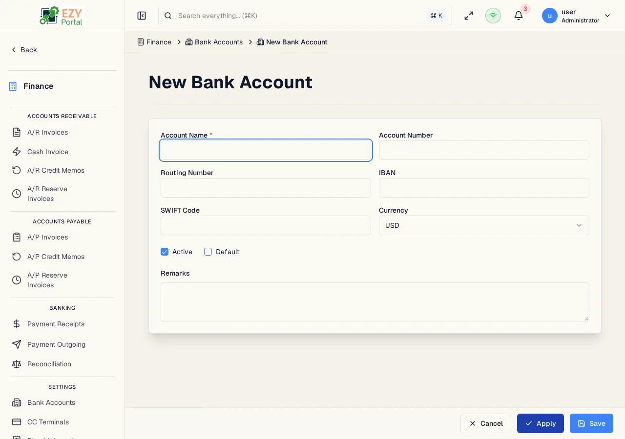 Create Bank Account form showing account name, account number, routing number, IBAN, SWIFT code, currency, active status, and default flag fields
