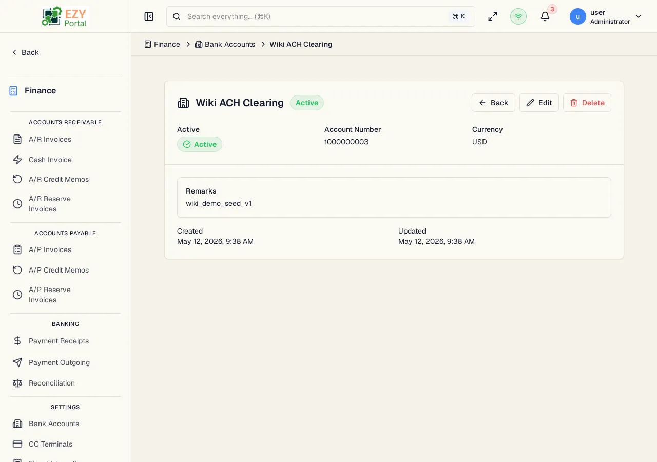 Bank Account detail page showing account name, account number, IBAN, currency, active badge, and action buttons
