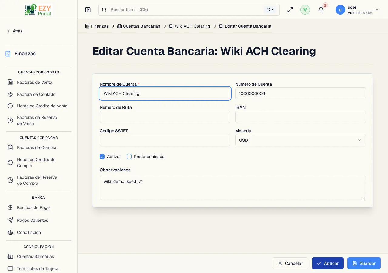 Formulario de edición de Cuenta Bancaria con todos los campos preexistentes disponibles para modificar