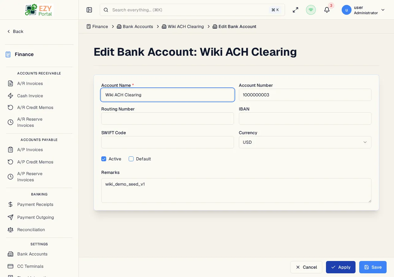 Edit Bank Account form pre-filled with existing account data showing all fields