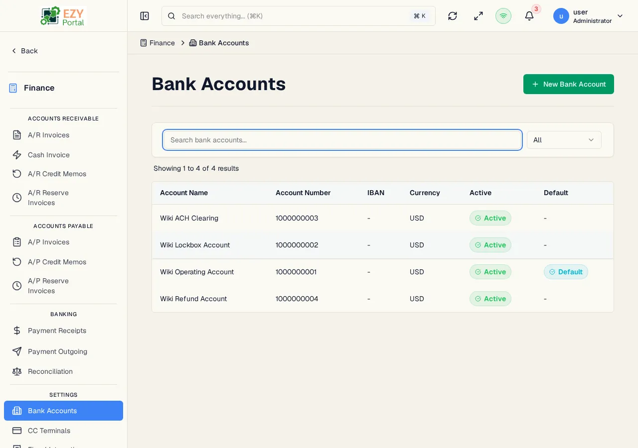 Bank Accounts list showing account names, account numbers, currency, active status, and default indicator