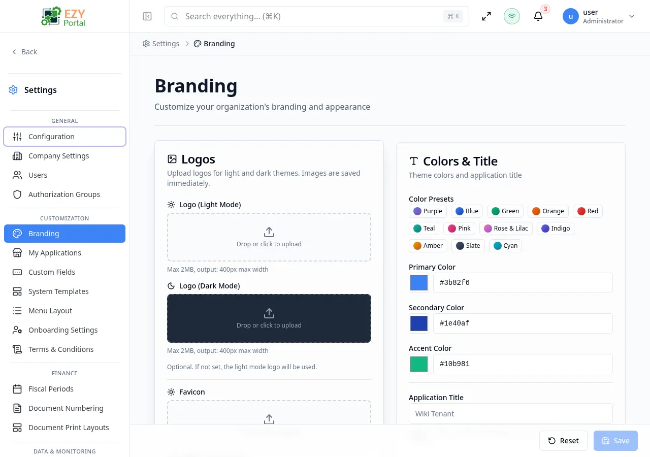 Customization settings branding page