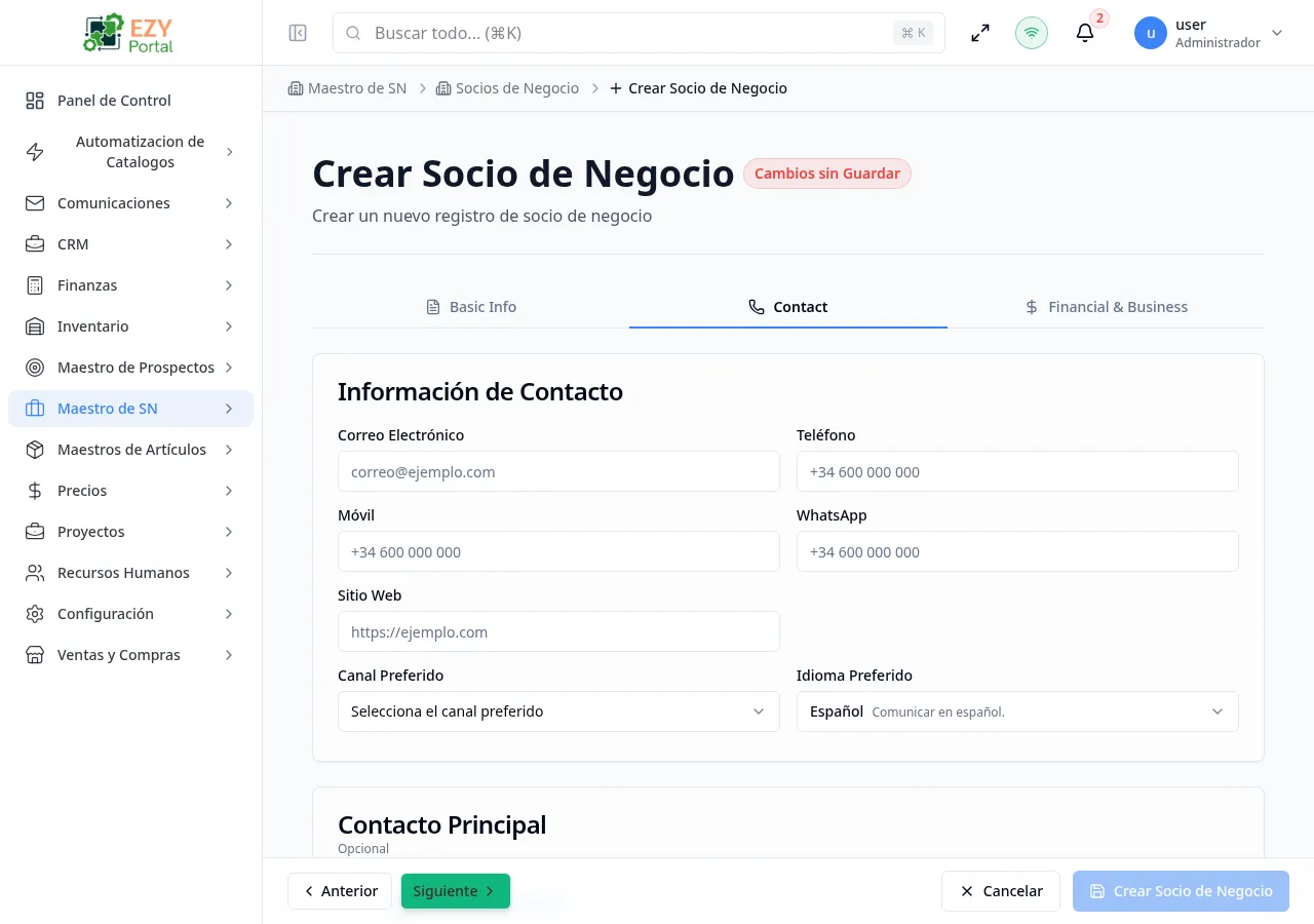Crear Socio de Negocio — pestaña Contacto