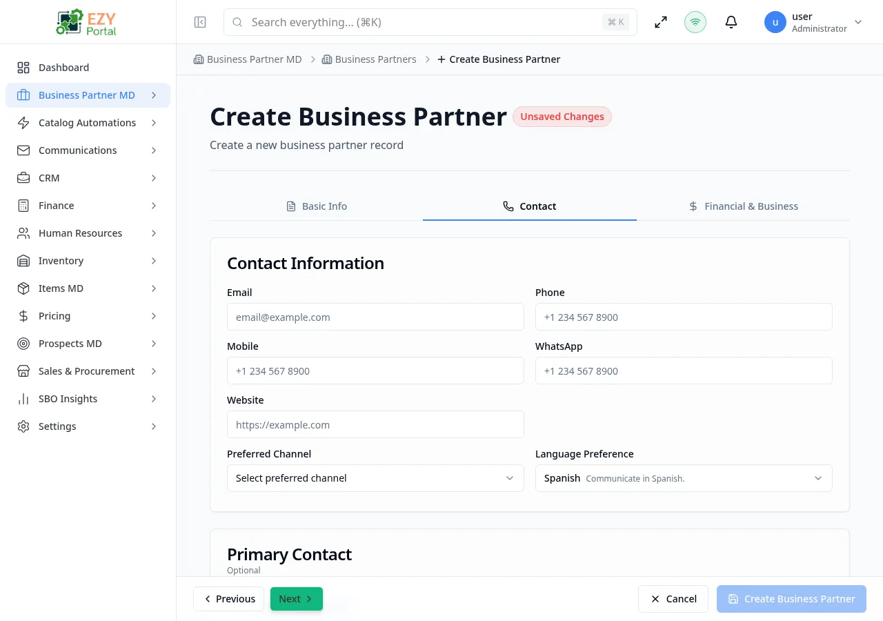 Create Business Partner — Contact tab