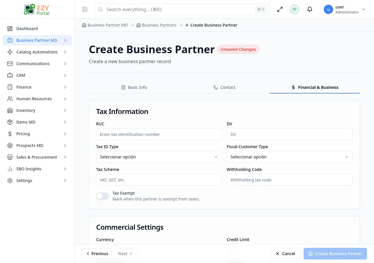Create Business Partner — Financial tab