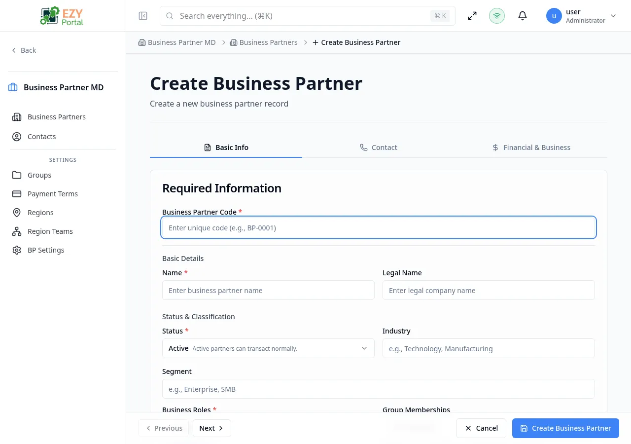 Create Business Partner — Basic Info tab