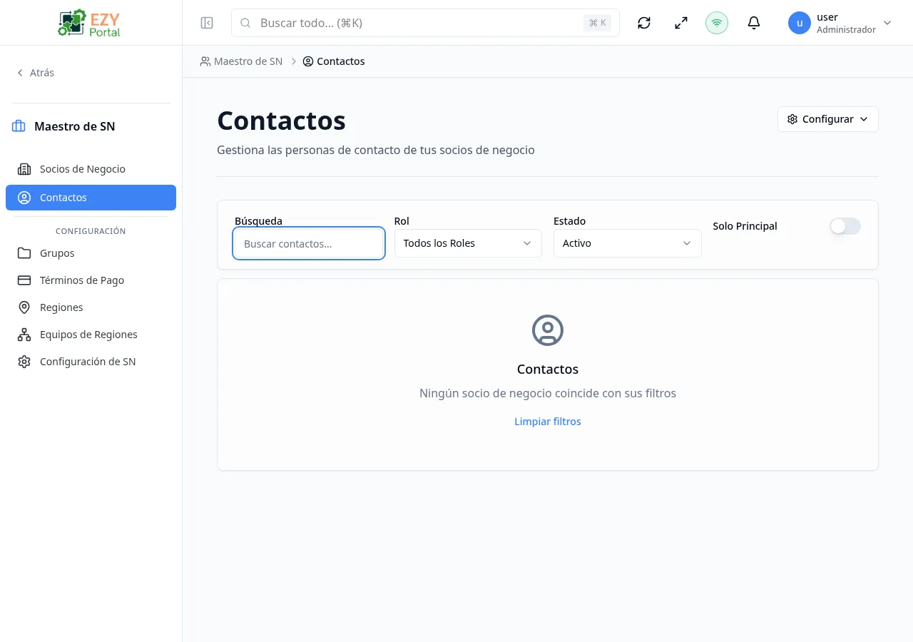 Pestaña Contactos — lista de contactos del socio con filtros y acciones disponibles