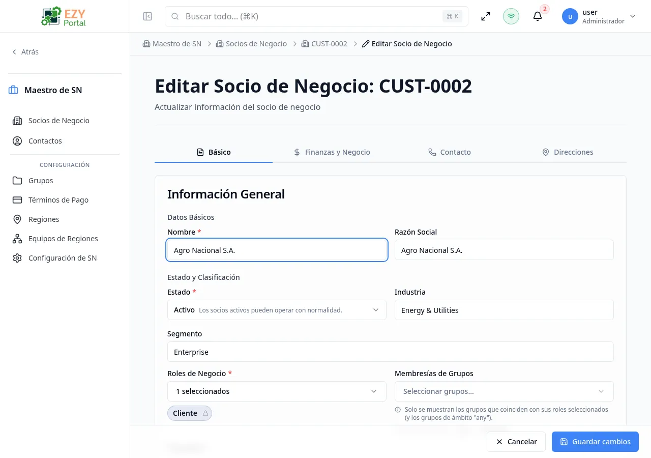 Editar Socio de Negocio — pestaña Básica precargada con los datos existentes del socio