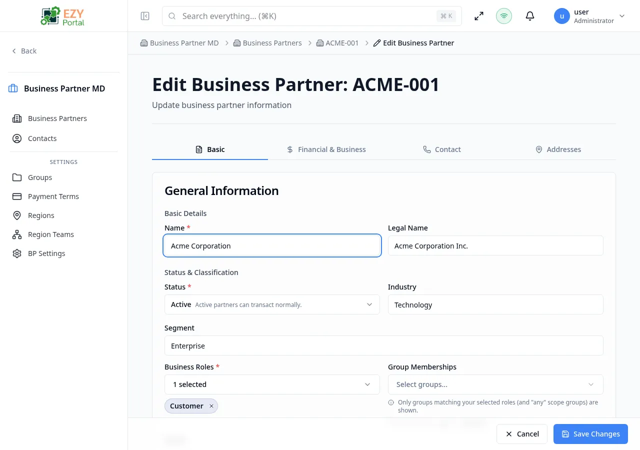 Edit Business Partner — Basic tab